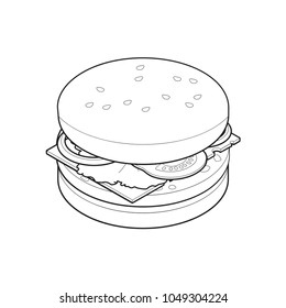 Burger isometric coloring book, concept unhealthy food, fast food illustration, vector eps 10