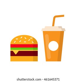 Burger with juice. Flat icon, mark, symbol vector on white background. For restaurant, cafe. For fast food theme. Elements for logo design.