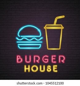 Burger and Juice Sign House Neon Light Glowing Vector Illustration Logotype Graphic