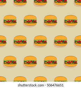 Burger with juicy beef, fresh lettuce, tomatoes, cucumbers, cheese and ketchup. Vector illustration seamless pattern, of a delicious hamburger menu for take-out, fast food restaurant or a barbecue.