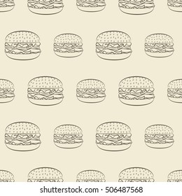 Burger with juicy beef, fresh lettuce, tomatoes, cucumbers, cheese and ketchup. Vector illustration seamless pattern, of a delicious hamburger menu for take-out, fast food restaurant or a barbecue.