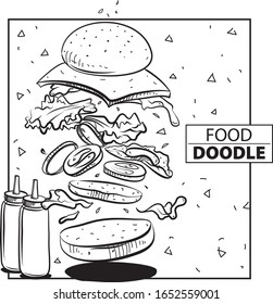 Burger Jump Doodle Food. Black And White. Freehand