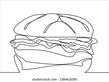Burger. Junk food. Continuous line