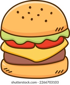 Burger junk food hamburger fast food illustration. Outline filled vector for restaurant and cafe menu or sticker.