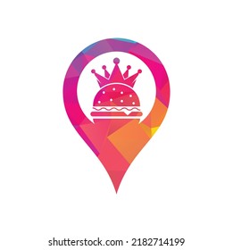 Burger king gps shape concept vector logo design. Burger with crown icon logo concept.