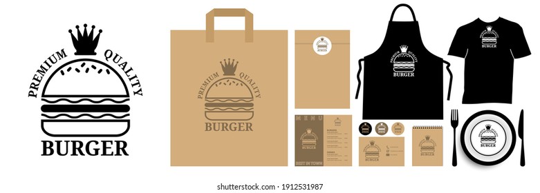 The burger king logo to be printed on a range of objects, bag, menu, apron, T-shirt, plate, notebook, card, to give your product an identity. 
