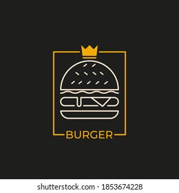 Burger King Logo. Burger, fast food logo or icon, emblem. Outline design. Label for menu design restaurant or cafe. vector illustration.