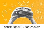The Burger King. A trendy halftone collage. Monochrome elements. Creative design. Need a burger, a template for restaurant and cafe menus, and for delivery.