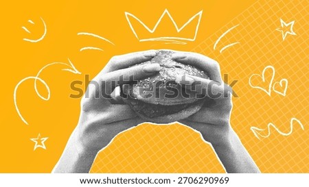 The Burger King. A trendy halftone collage. Monochrome elements. Creative design. Need a burger, a template for restaurant and cafe menus, and for delivery.
