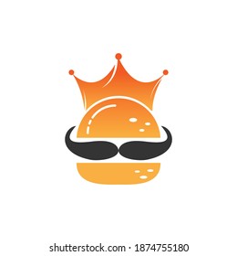 Burger king vector logo design. Burger with crown and mustache icon logo concept.