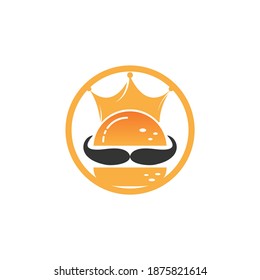 Burger king vector logo design. Burger with crown and mustache icon logo concept.