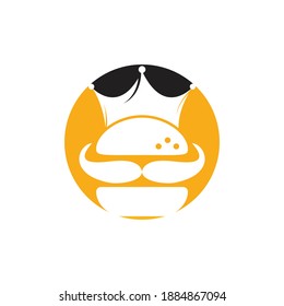 Diseño del logo del vector del vector del rey de la hamburguesa. La hamburguesa con el concepto de logo de la corona y el bigote.	
