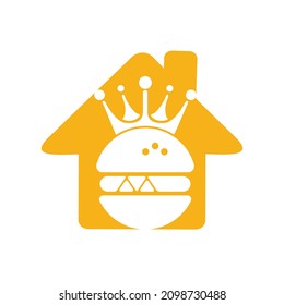 Burger king vector logo design. Burger with crown and mustache with home shape icon logo concept.	