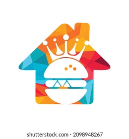 Burger king vector logo design. Burger with crown and mustache with home shape icon logo concept.	