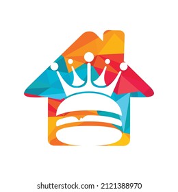Burger king vector logo design. Burger with crown and mustache with home shape icon logo concept.	