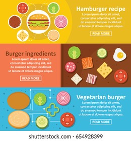 Burger kit banner horizontal concept set. Flat illustration of 3 burger kit vector banner horizontal concepts for web