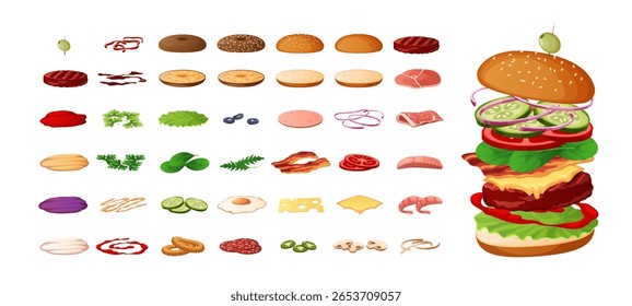 Burger kit. Fast food ingredients constructor, preparations, sliced vegetables, patty, cheese, bacon, sauce between buns, restaurant menu elements cartoon flat isolated tidy vector set