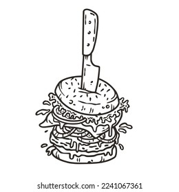 Burger and knife with meat, cheese and vegetable for design of logo or emblem. American fast food or hamburger for label or poster. USA food with bun, lettuce, cheese, tomato, onion, cutlet for store.
