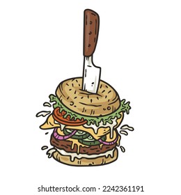 Burger and knife with meat, cheese and vegetable for design of logo or emblem. American fast food or hamburger for label or poster. USA food with bun, lettuce, cheese, tomato, onion, cutlet for store.