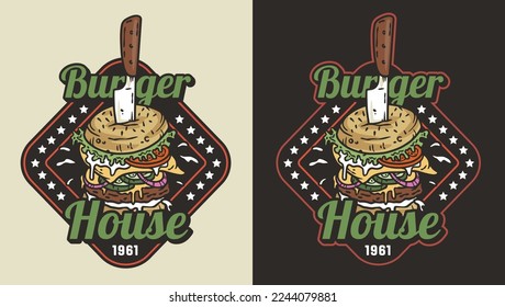 Burger and knife with meat, cheese and vegetable for logo or emblem. American fast food or hamburger for poster. USA food with bun, lettuce, cheese, tomato, onion, cutlet for store.