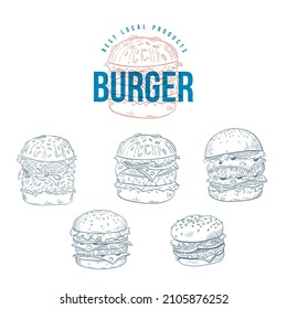 Burger label, emblem or logo Hand drawn illustration.