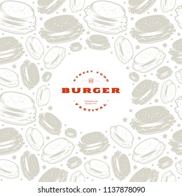 Burger label and frame with pattern. Print on white background