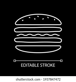 Burger layers white linear icon for dark theme. Cheeseburger take out. Fast food delivery. Thin line customizable illustration. Isolated vector contour symbol for night mode. Editable stroke