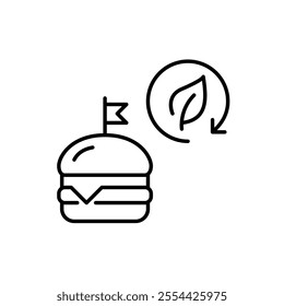 Burger and leaf in recycling arrow. Vegetarian and eco-friendly fast food options. Sustainable eating. Pixel perfect vector icon