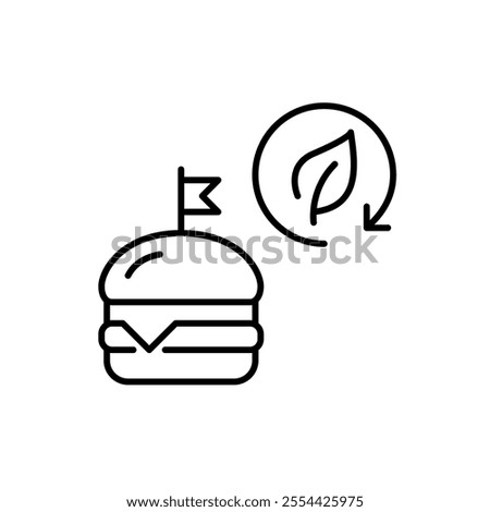 Burger and leaf in recycling arrow. Vegetarian and eco-friendly fast food options. Sustainable eating. Pixel perfect vector icon