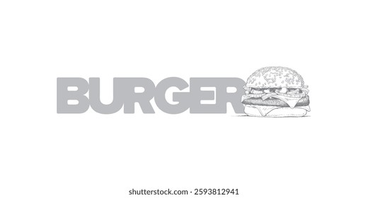 burger with lettering hand drawn vector illustration, retro style, effective logo.