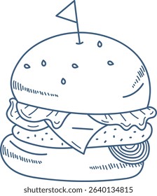 A burger with lettuce, cheese, and a flag sketched in line art style. The drawing includes a detailed bun and toppings in a monochrome outline. Cartoon vector illustration.