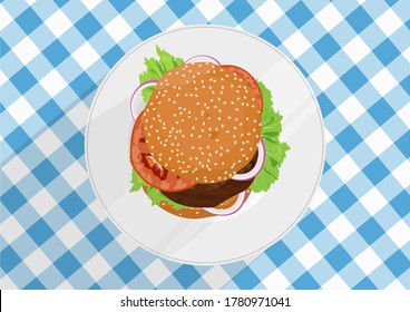 Burger With Lettuce, Onion And Tomatoes On A Plate. Top Down View. Flat Vector.