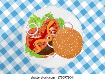 Burger With Lettuce, Onion And Tomatoes On A Plate. Top Down View. Flat Vector.