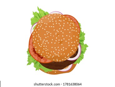 Burger With Lettuce, Onion, And Tomatoes. Top Down View. Flat Vector.