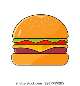 
Burger With Lettuce, Tomato And Cheese. Vector Hand Drawn Illustration Isolated on White Background
