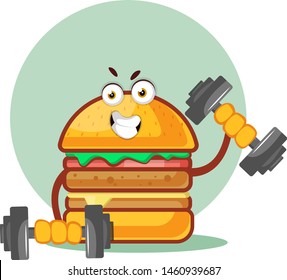 Burger is lifting weights, illustration, vector on white background.