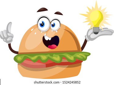 Burger with lighting bulb, illustration, vector on white background.