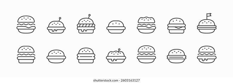 Burger line black icon set. Collection of fast food illustration sign. Food symbol or logo design template. Vector illustration