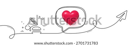 Burger line icon. Continuous line with share plane. Fastfood offer sign. Cheeseburger promotion symbol. 3d heart in speech bubble. Burger single line ribbon. Loop curve pattern. Vector