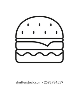 Burger Line Icon. Delicious Hamburger with Lettuce, Cheese, and Sesame Seed Bun Outline Symbol. Editable Stroke. Isolated Vector Illustration.