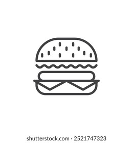 Icono de línea de hamburguesa. Signo de estilo lineal para concepto móvil y Diseño web. Hamburguesa clásica con patty, lechuga y queso contorno icono de Vector. Símbolo de comida rápida, ilustración de logotipo. Gráficos de Vector