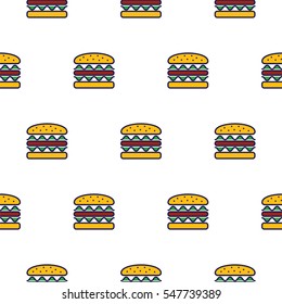 Burger line icon seamless vector pattern. Fast food outline tileable white background.