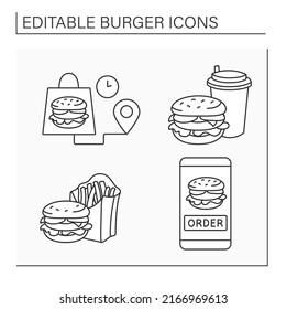 Burger line icons set. Delivery from cafe, sandwich with drink and french fries. Online order. Fast food concept. Isolated vector illustrations. Editable stroke