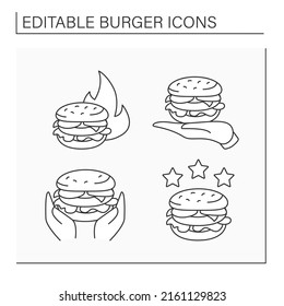 Burger line icons set. Hot proposal, burger on palm, popular choice. Rte with three stars. Fast food concept. Isolated vector illustrations. Editable stroke