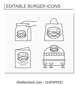 Burger line icons set. Tasty and fat sandwich delivery from cafe. Unhealthy food. Fast food concept. Isolated vector illustrations. Editable stroke
