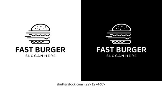 Burger with line logo design with speed graphic design. Fast food symbol concept isolated on black and white background graphic design vector illustration.