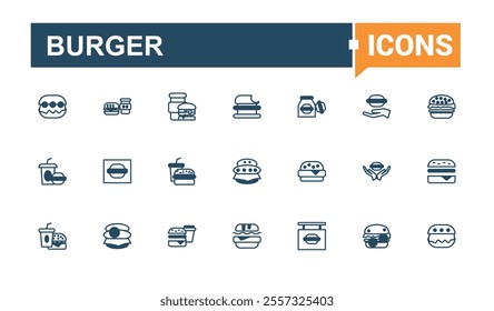 Burger line web icon set. Contains related to burger, bun, fast food, element, sandwich and more. Simple web icons. Vector illustration in modern line style.