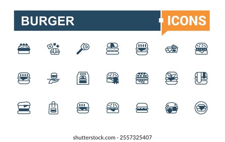 Burger line web icon set. Contains related to burger, bun, fast food, element, sandwich and more. Simple web icons. Vector illustration in modern line style.