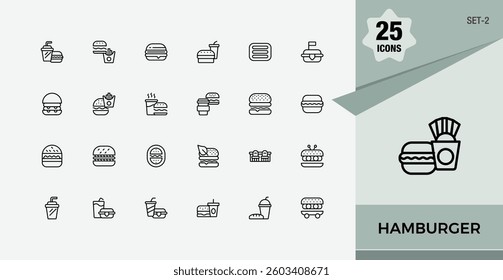 Burger linear icon. Contains such icons as beef, bun, fat, hamburger, silhouette, meat, meal, steak and more. Line with editable stroke. Minimalistic icons.