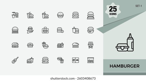Burger linear icon. Contains such icons as beef, bun, fat, hamburger, silhouette, meat, meal, steak and more. Line with editable stroke. Minimalistic icons.